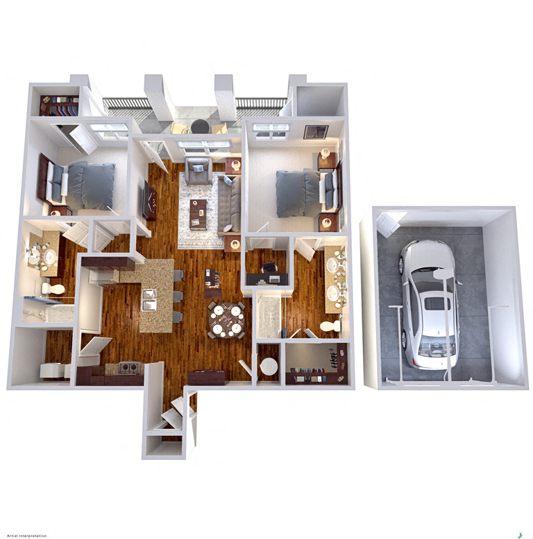 Floor plan for 2 beds, 2 baths, 1064 sqft